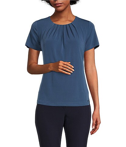 Calvin Klein Solid Matte Jersey Pleated Short Sleeve Top