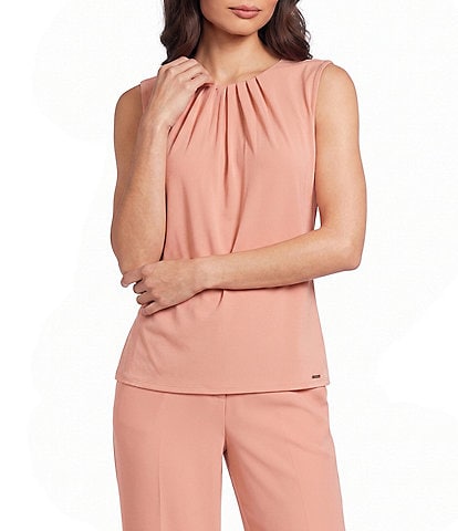 Calvin Klein Solid Pleated Crew Neck Knit Tank Top