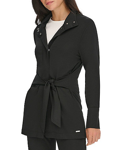 Calvin Klein Solid Point Collar Long Sleeves Tie Belt Snap Front Jacket