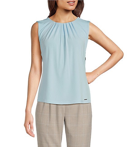 Calvin Klein Solid Stretch Knit Pleated Crew Neck Sleeveless Cami Top