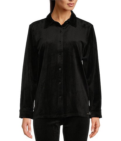 Calvin Klein Solid Velour Point Collar Long Sleeve Button Front Shirt