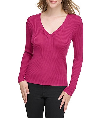 Calvin Klein Solid Wool Knit V-Neck Long Sleeve Fitted Top