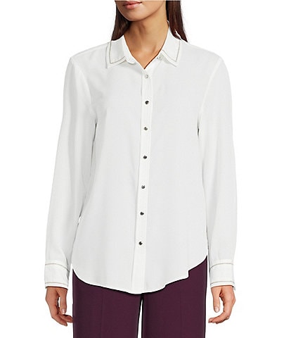 Calvin Klein Sparkle Contrast Trim Fusion Georgette Point Collar Long Sleeve Button Front Top