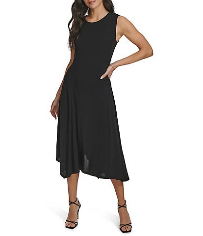 Calvin Klein Stretch Crew Neckline Asymmetrical Hemline Dress