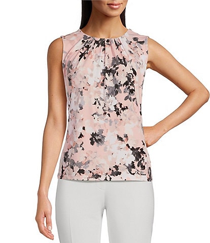 Calvin Klein Stretch Floral Printed Pleated Front Crew Neck Sleeveless Top