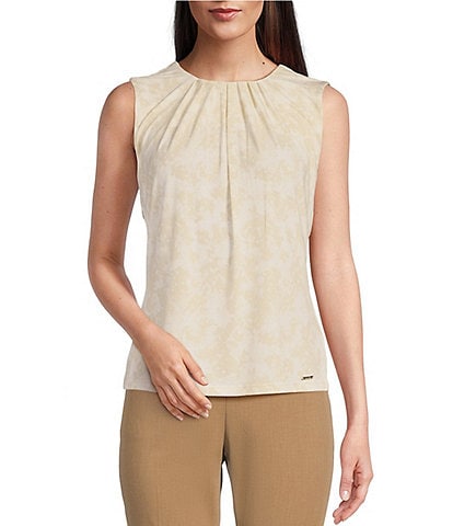 Calvin Klein Stretch Knit Printed Pleated Crew Neck Sleeveless Cami Top