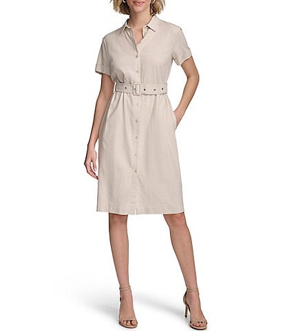 Calvin Klein Stretch Point Collar Short Sleeve Belted Button Front Shirt Dress