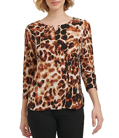 Calvin Klein Stretch Printed Split V Neckline 3/4 Sleeve Blouse