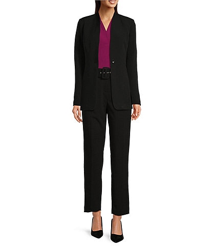 Calvin Klein Stretch V Neckline Long Sleeve Button Front Jacket & Coordinating Belted Scuba Crepe Slim Ankle Length Pants