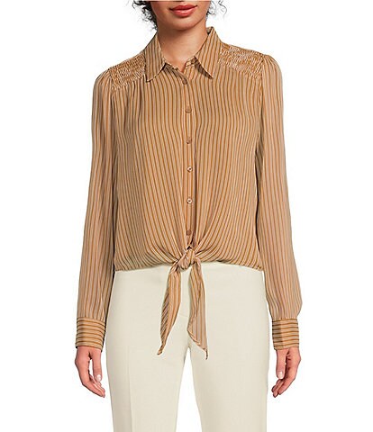 Calvin Klein Stripe Collared Neckline Long Sleeve Tie Front Blouse
