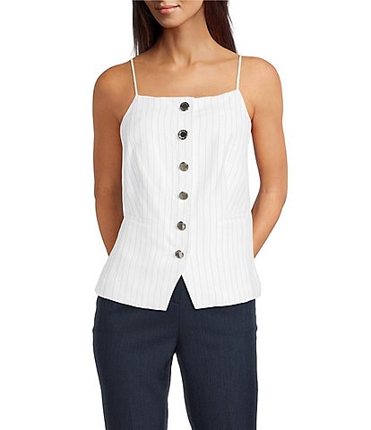 Calvin Klein Striped Linen Blend Square Neck Sleeveless Top