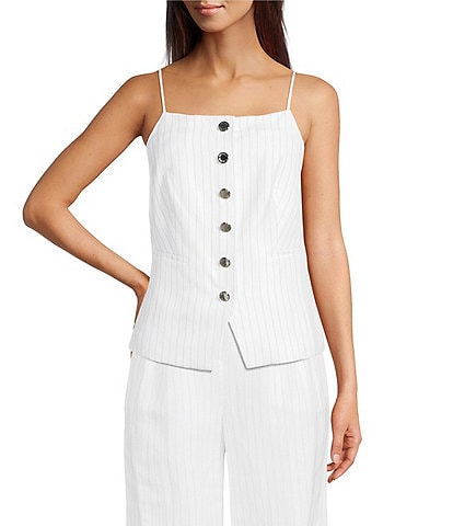 Calvin Klein Striped Linen Blend Square Neck Sleeveless Top