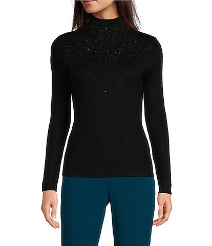 Calvin Klein Studded Mock Neck Long Sleeve Knit Top