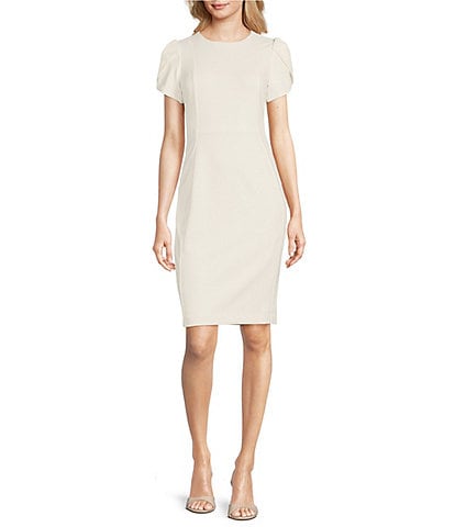 Calvin Klein Crew Neck Short Tulip Sleeve Solid Sheath Stretch Dress