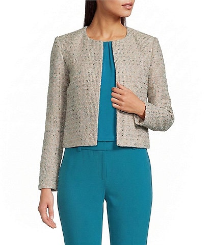 Calvin Klein Tweed Crew Neck Long Sleeve Open Front Jacket