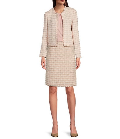 Calvin Klein Tweed Crew Neck Long Sleeve Open Front Short Jacket & Coordinating Tweed Fringe Hem Pencil Skirt