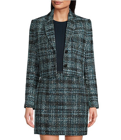 Calvin Klein Tweed Notch Collar Two-Button Coordinating Cropped Jacket