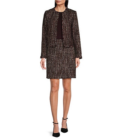 Calvin Klein Tweed Open Front Round Neck Cropped Jacket & Coordinating Tweed A-Line Short Skirt