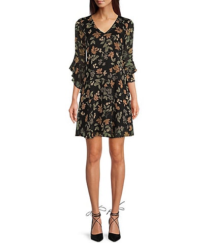 Calvin Klein V-Neck Floral Print Chiffon 3/4 Tiered Butterfly Sleeve Dress