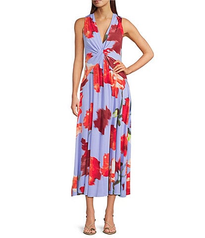 Calvin Klein V-Neck Floral Print Knot Front Midi Dress