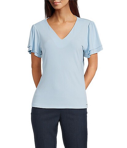 Calvin Klein V-Neck Flutter Short Sleeve Top