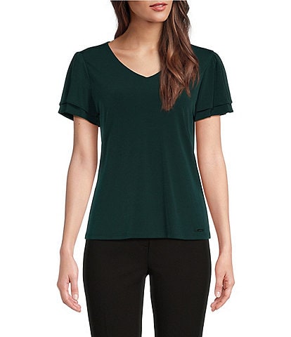 Calvin Klein V-Neck Flutter Short Sleeve Top