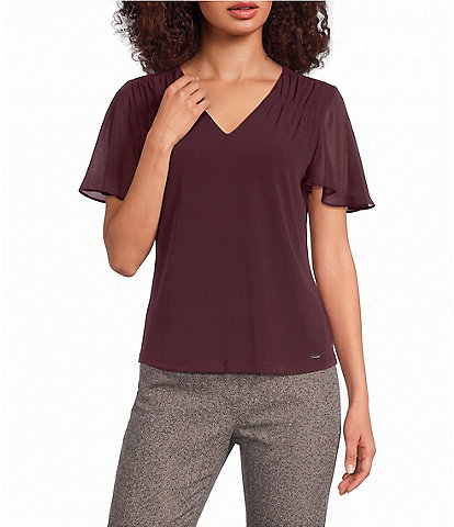 Calvin Klein V-Neck Flutter Sleeve Blouse