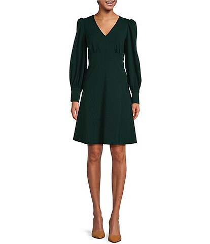 Calvin Klein V-Neck Long Bishop Button Cuff Sleeve Scuba Crepe Fit-And-Flare Dress