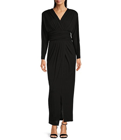 Calvin Klein V-Neck Long Sleeve Ruched Waist Maxi Dress