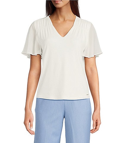 Calvin Klein V-Neck Ruched Shoulder Flutter Sleeve Blouse