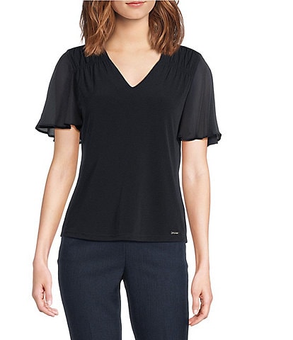 Calvin Klein V-Neck Ruched Shoulder Flutter Sleeve Blouse