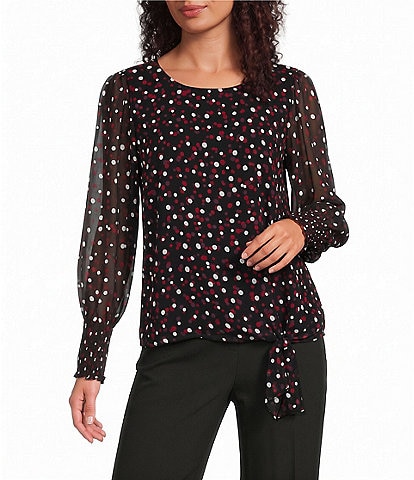 Calvin Klein Woven Chiffon Pooka Dot Crew Keck Long Sleeve Blouse