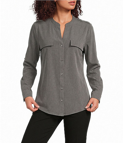 Calvin Klein Woven Collarless Long Sleeve Roll Tab Blouse