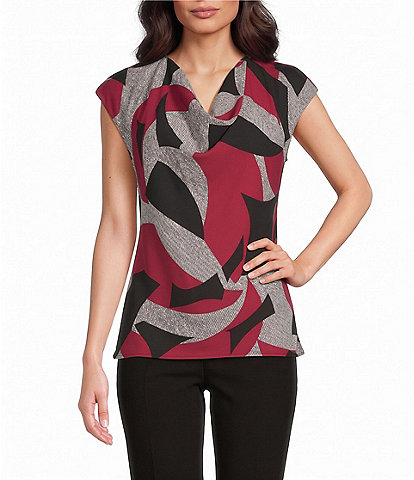 Calvin Klein Woven Georgette Abstract Print Cowl Neck Cap Sleeve Pullover Blouse