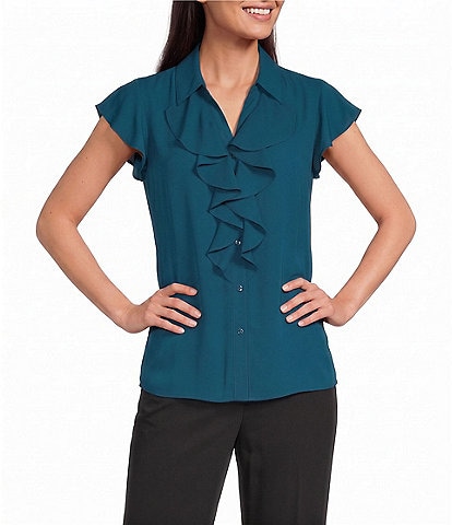 Calvin Klein Woven Georgette Point Collar Cap Sleeve Ruffle Front Blouse