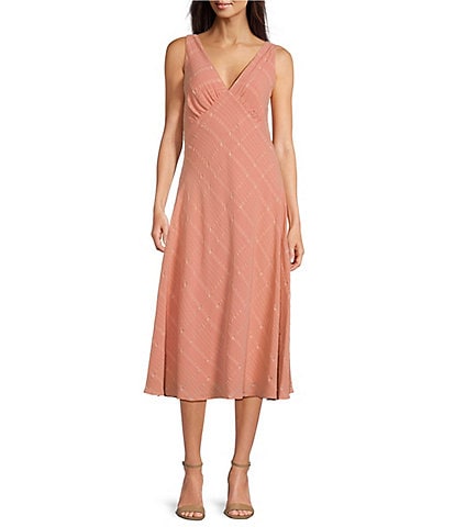 Calvin Klein Woven Jacquard Sleeveless V-Neck A-Line Midi Dress