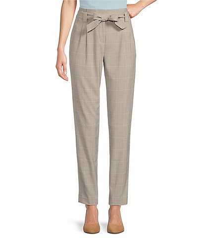 Calvin Klein Woven Plaid Tie Waist Pleated Tapered Coordinating Ankle Pants