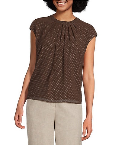Calvin Klein Woven Pleated Crew Neck Cap Sleeve Blouse