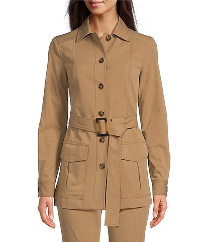 Calvin Klein Woven Point Collar Long Sleeve Belted Tie Waist Button Front Coordinating Jacket