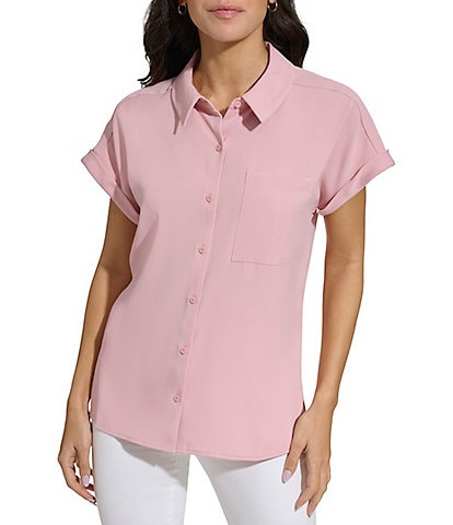 Calvin Klein Woven Point Collar Short Sleeve Button-Front Pocket Top