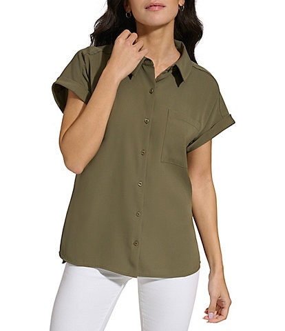 Calvin Klein Woven Point Collar Short Sleeve Button-Front Pocket Top