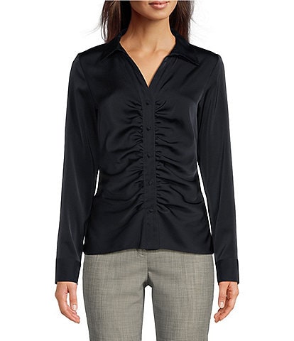 Calvin Klein Woven Satin Point Collar Long Sleeve Ruched Button-Front Top