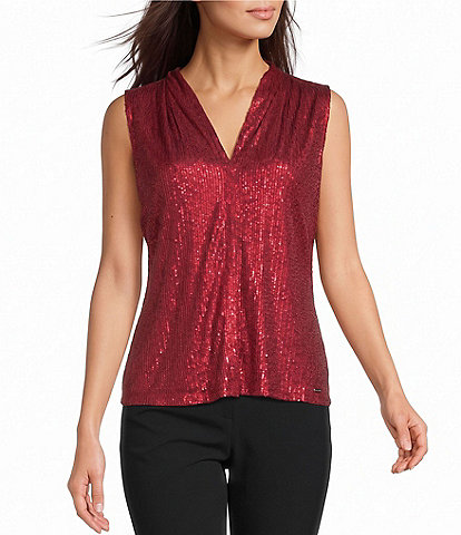 Calvin Klein Woven Sequin V-Neck Sleeveless Pullover Top