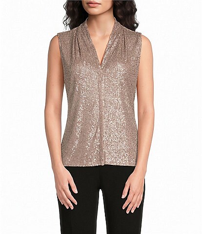 Calvin Klein Woven Sequin V-Neck Sleeveless Pullover Top