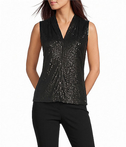 Calvin Klein Woven Sequin V-Neck Sleeveless Pullover Top