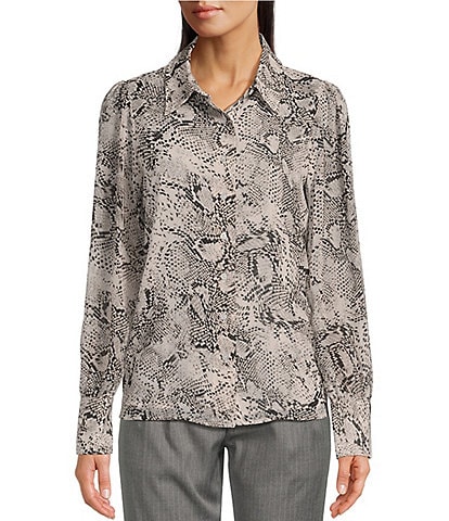 Calvin Klein Woven Snake Print Point Collar Long Sleeve Button-Front Shirt