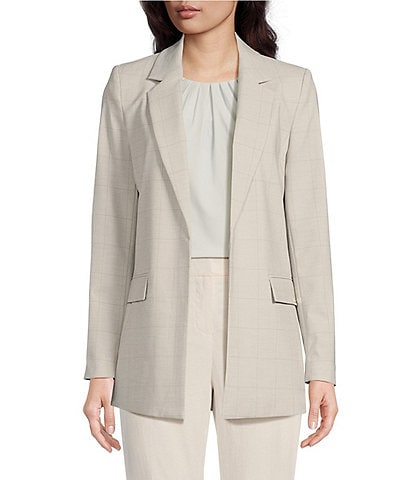 Calvin Klein Woven Windowpane Notch Lapel Long Sleeve Open Front Jacket