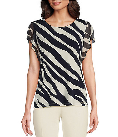 Calvin Klein Zebra Print Round Neck Mesh Short Flutter Sleeve Top