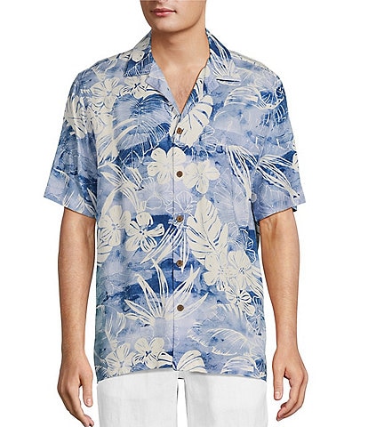 Caribbean Big & Tall  Jacquard Watercolor Floral Print Short Sleeve Woven Camp Shirt