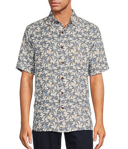 Caribbean Big & Tall Deco Palm Print Short Sleeve Woven Shirt